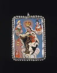 Painted Medallion in Locket Frame: Our Lady of Carmel Above a Soul in Purgatory